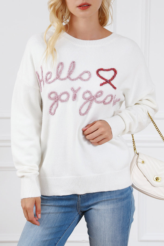 White Hello gorgeous Graphic Ribbed Trim Sweater