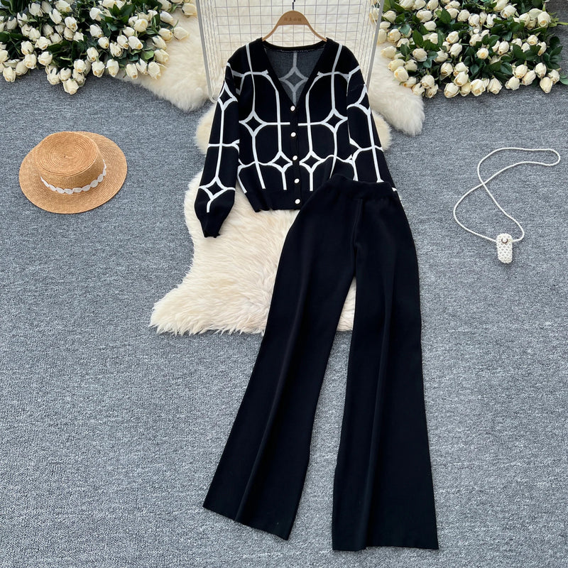 SINGREINY Basics Print Knit Two Pieces Sets Autumn Winter Single Breasted Cardigan+Wide Leg Long Pants Fashion Streetwear Suits