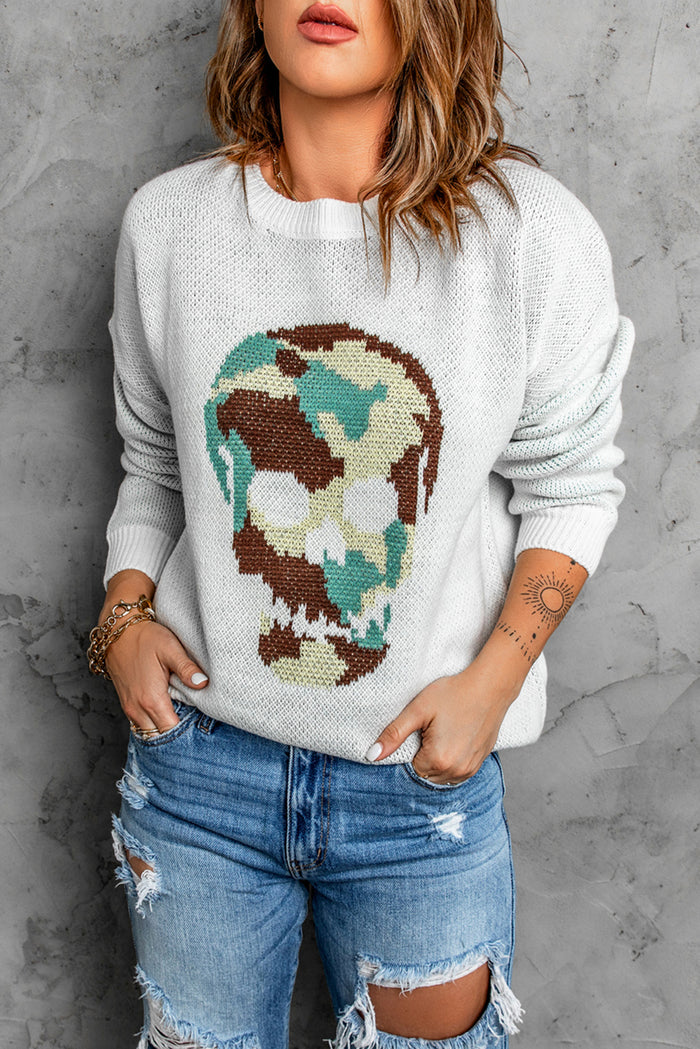 White Camo Skull Pattern Loose Knit Sweater