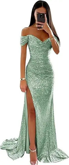 Women Mermaid Champagne Evening Maxi Dresses 2024 Elegant Off-Shoulder Sequin Split Prom Formal Gowns For Party Customized