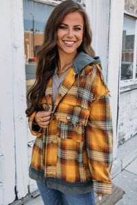 Medium Grey Plaid Patch Hooded Frayed Snap Button Jacket