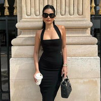 Hugcitar 2024 Elegant Halter Black Backless Sexy Bodycon Maxi Prom Dress Summer Women Y2K Clothes Wedding Birthday Party