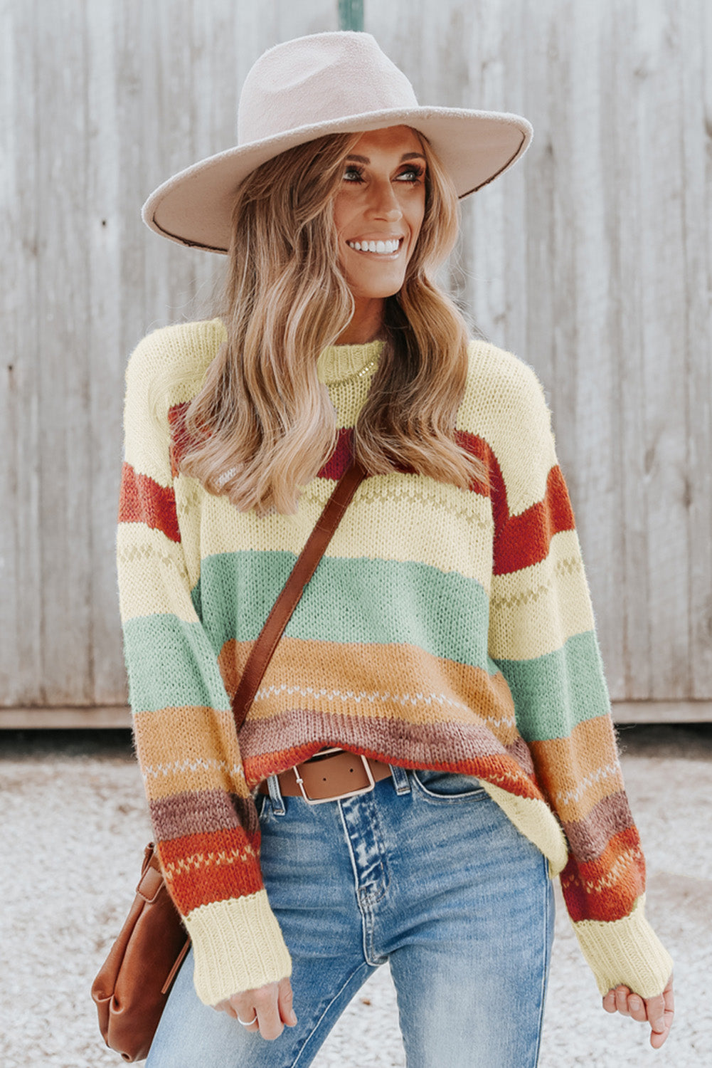 Crew Neck Drop-shoulder Striped Color Block Sweater