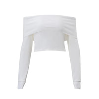 WhereMery Elegant Slash-neck Ribbed Solid Crop Tops Autumn Skinny Off Shoulder Long Sleeve T Shirt French Gentle Tight T-shirts