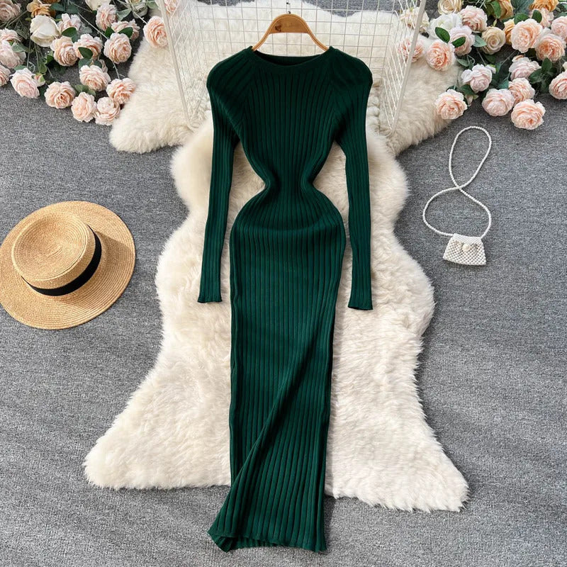 SINGREINY Winter Women Knit Maxi Dress O Neck Autumn Long Sleeve Slim Solid Harajuku Ladies Fashion Pencil Sweater Long Dresses