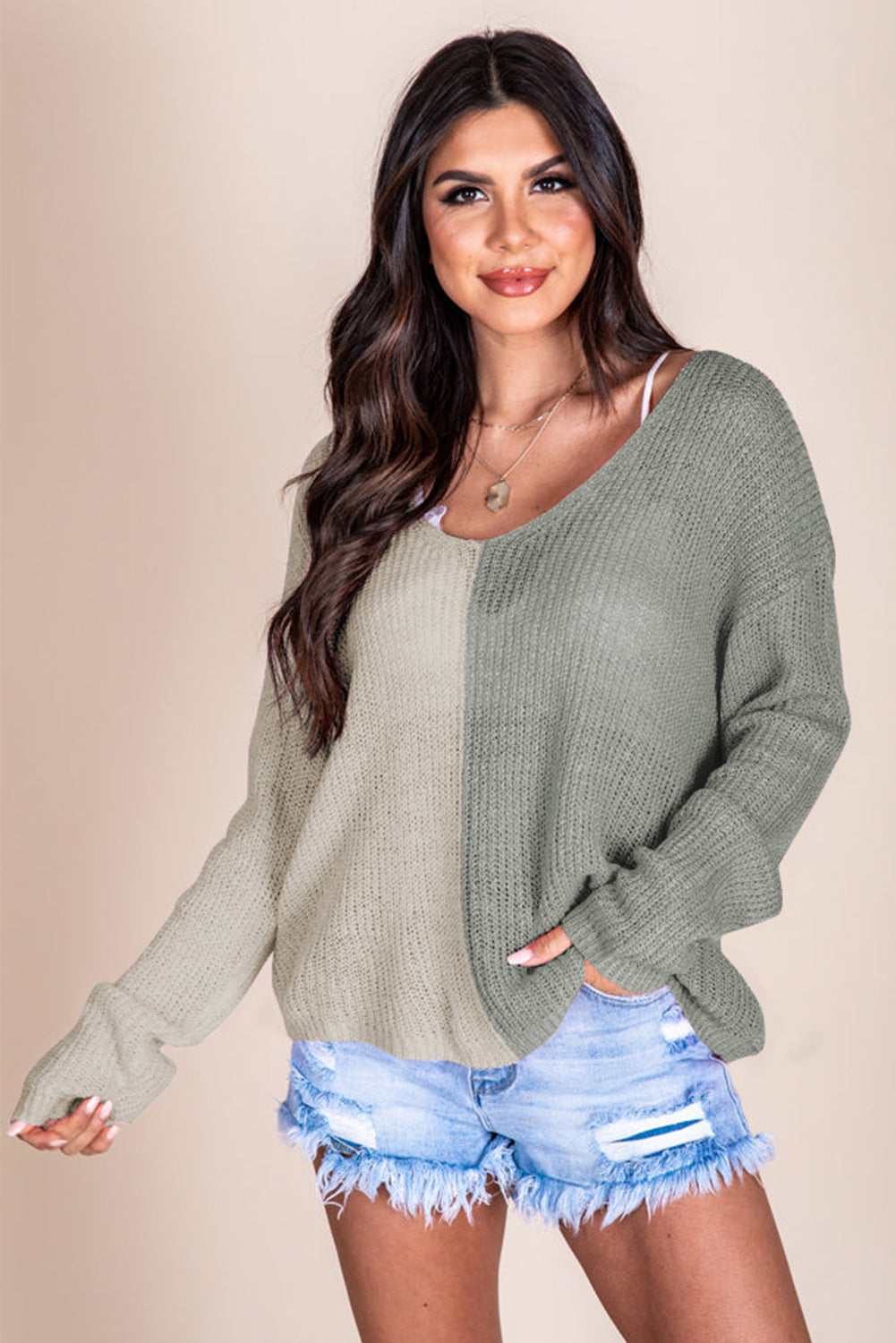 Gray Long Sleeve V-Neck Colorblock Sweater