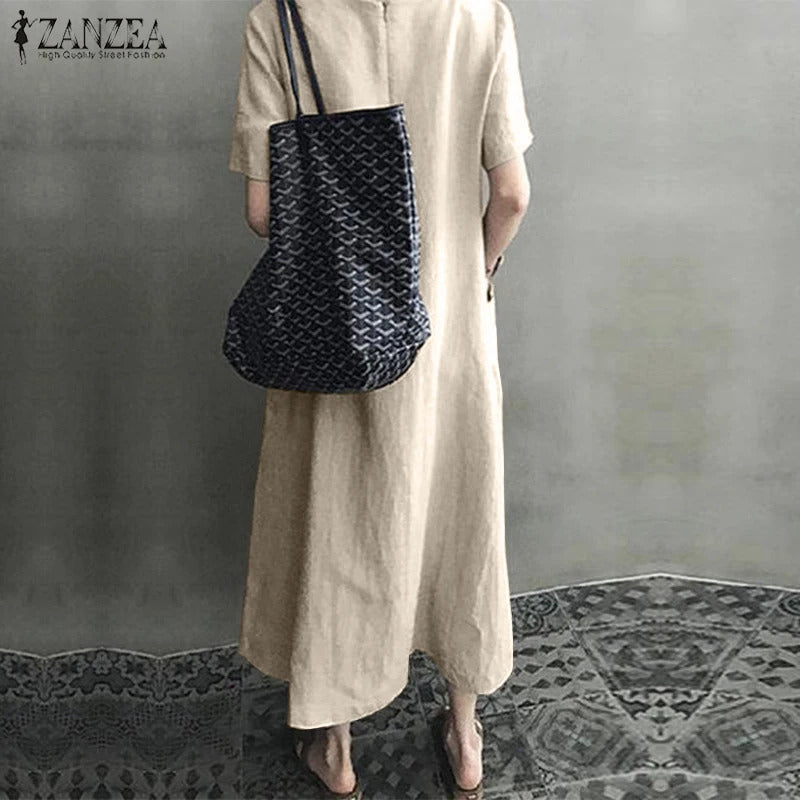 ZANZEA 2023 Women Long Maxi Summer Dress Casual Cotton Linen  Ladies Big Pockets Beach Party Robe Femme Vestidos