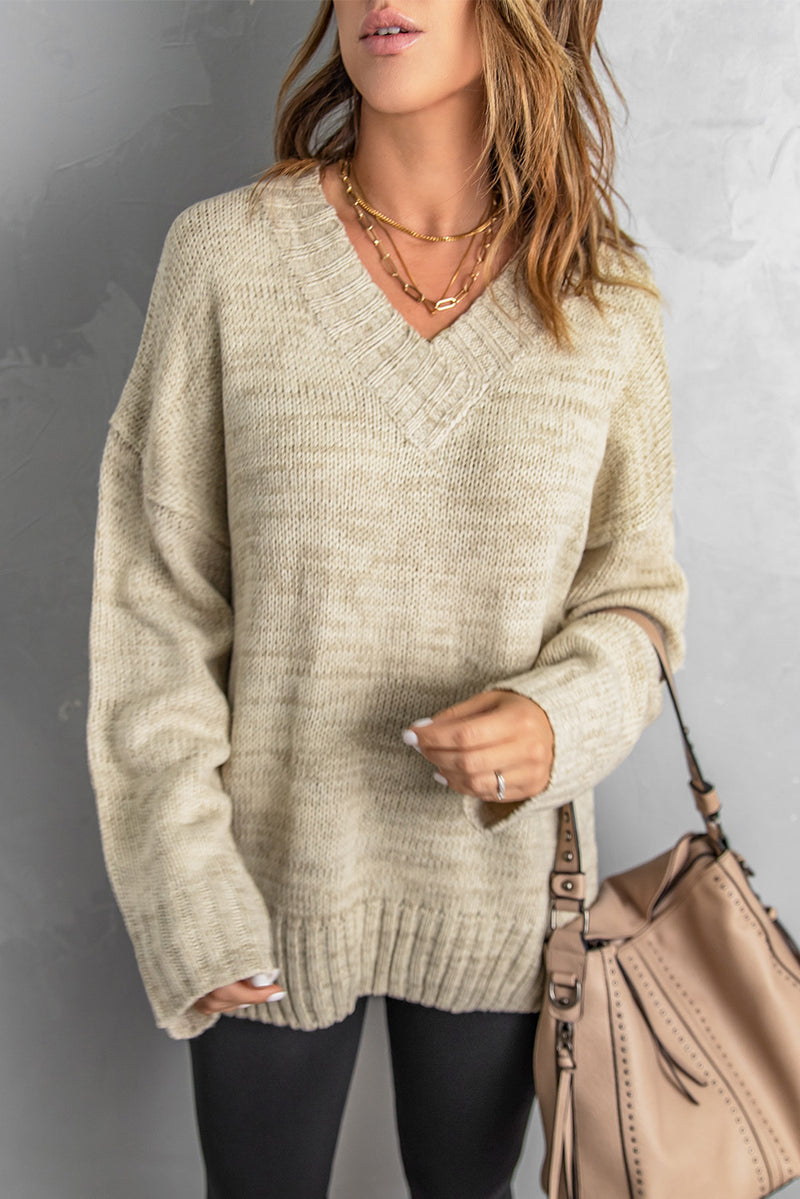 Khaki V neck Drop Shoulder Knitted Sweater