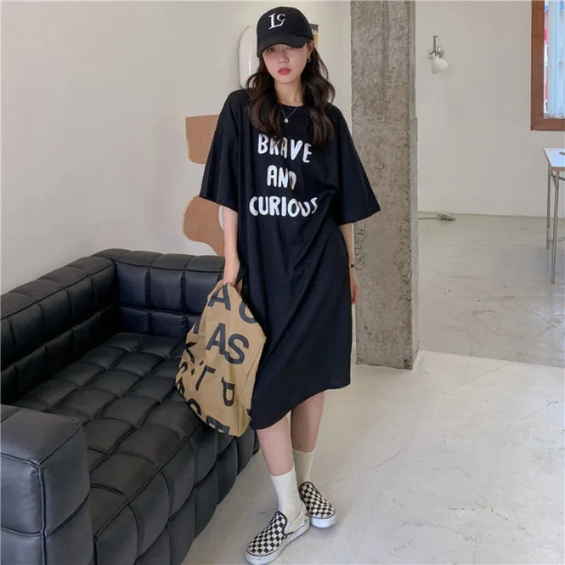 Harajuku Graphic White Long Dress Woman Clothing Y2k Casual Short Sleeve O-Neck Korean Fashion Summer Womens Loose Dresses 2024