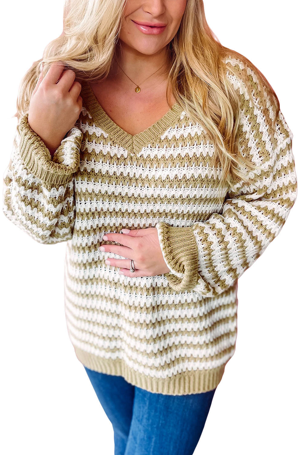 Khaki Chic Striped Knit V Neck Drop Shoulder Sweater