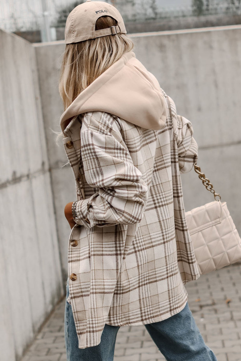 Khaki Plaid Removable Hood Buttoned Shacket