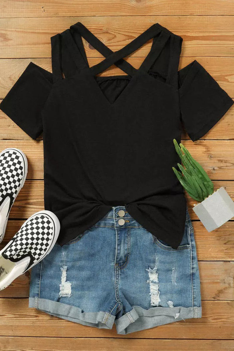 Blank Apparel - Black Criss-Cross Cut Out Short Sleeve Top