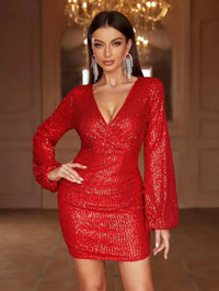 Surplice Neck Lantern Sleeve Sequin Bodycon Party Dress&Evening Dress