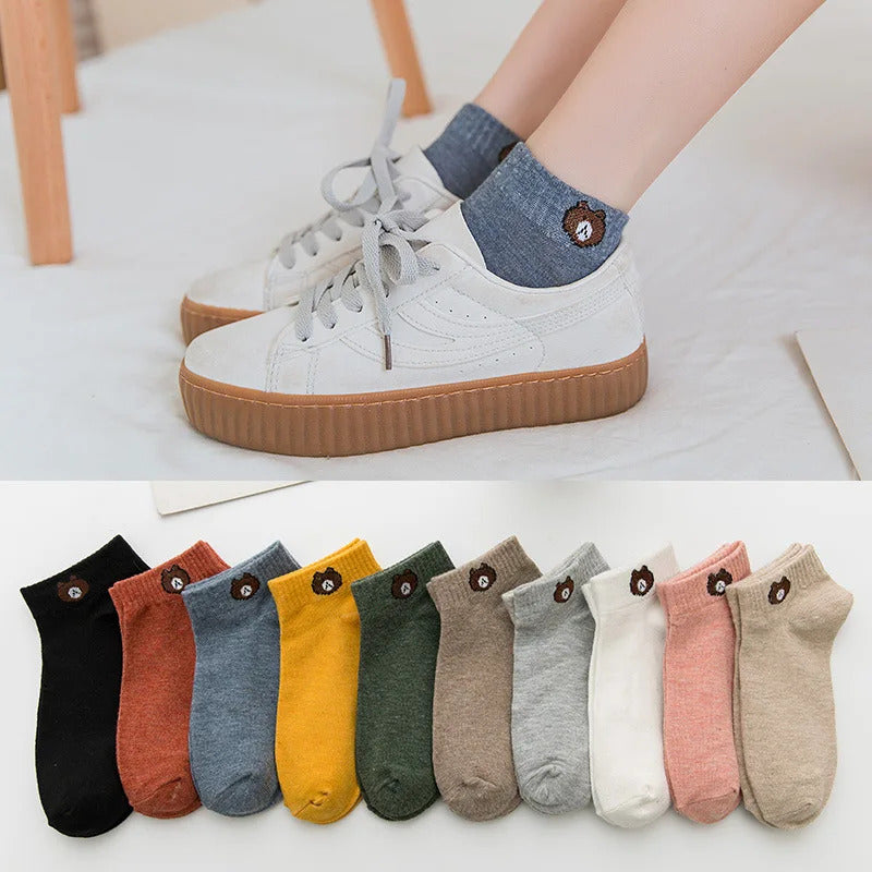 10 Pairs Women Low Tube Socks Set Cute Bear Pattern Fashion Breathable For Female Casual Style Comfortable Socks