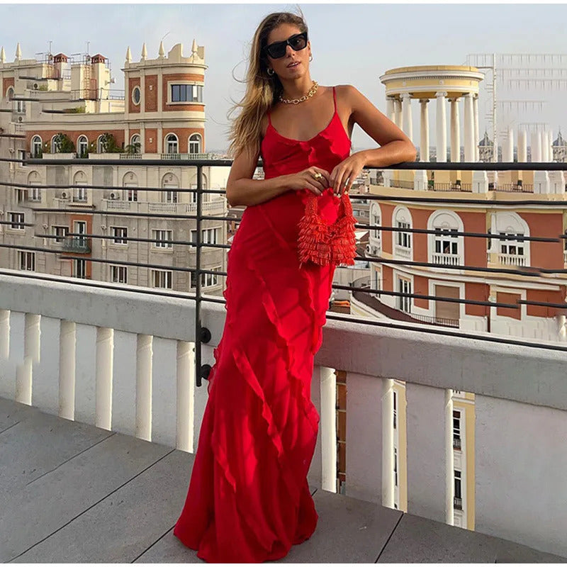 2024 Elegant Red Chiffon Slip Dresses for Women Sexy Spaghetti Strap Backless Lace-up Ruffles Long Maxi Evening Party Prom Dress