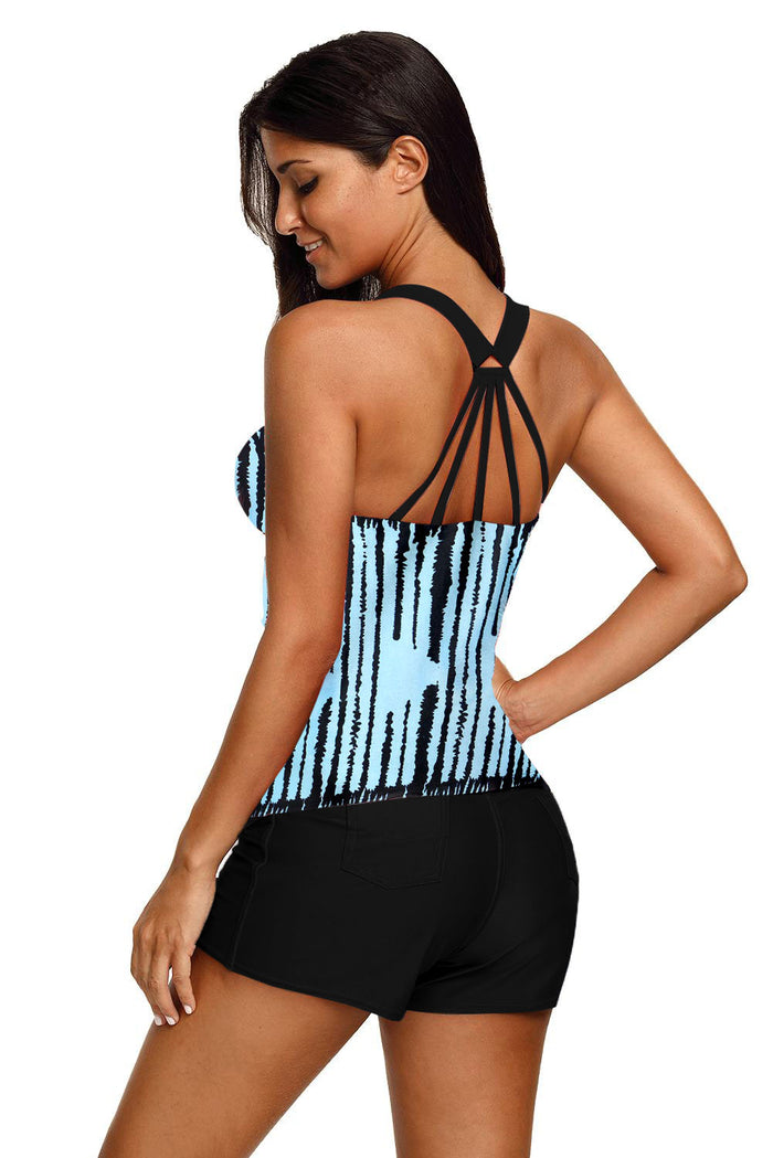 Sky Blue Stripes Strappy Back Tankini Top