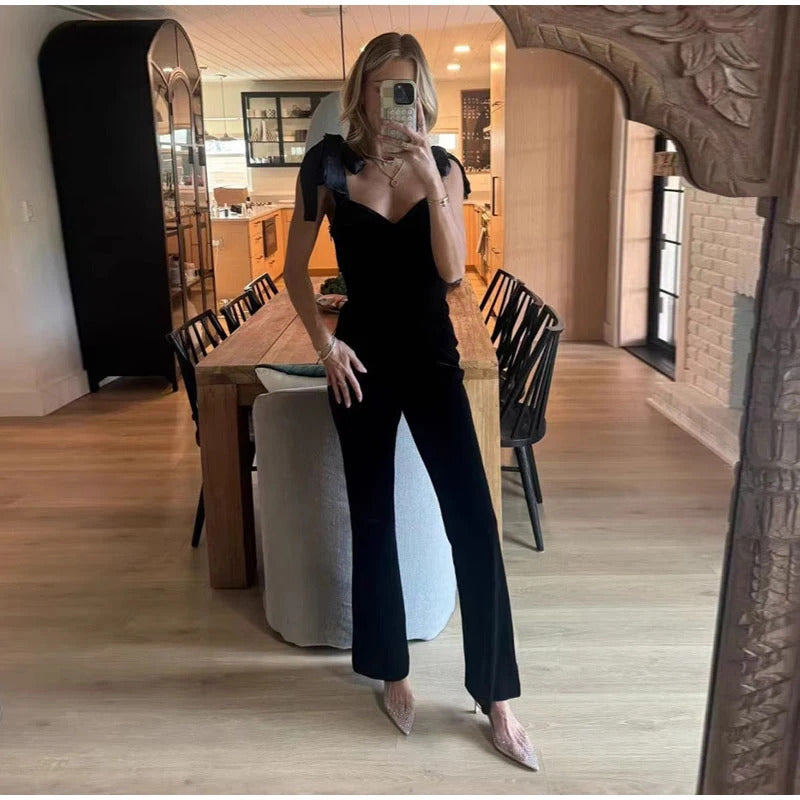 Velvet Jumpsuits Women Casual Slim Sleeveless Lace Up Backless Siamese Female Fashion Chic High Waist Solid Streetwears Lady