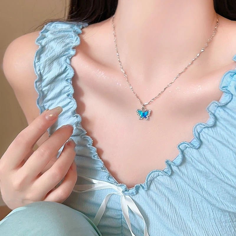 LATS Romantic Blue Crystal Butterfly Necklace for Women Girls Simple Shiny Zircon Bilayer Choker Clavicle Chain New Fine Jewelry