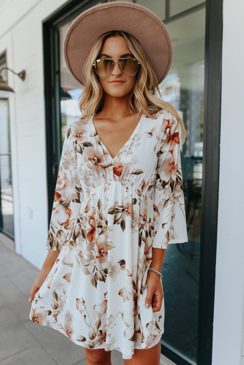 Women's V Neck 3/4 Sleeve Floral Dress