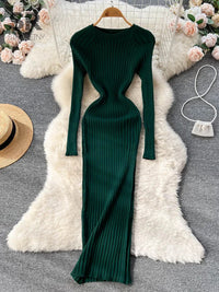 SINGREINY Winter Women Knit Maxi Dress O Neck Autumn Long Sleeve Slim Solid Harajuku Ladies Fashion Pencil Sweater Long Dresses