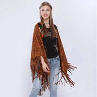 Women's Loose Suede Fringe Open Poncho Cloak Shawl Wrap with Punch Hole Patterns and Graceful Fringes Dropshipping