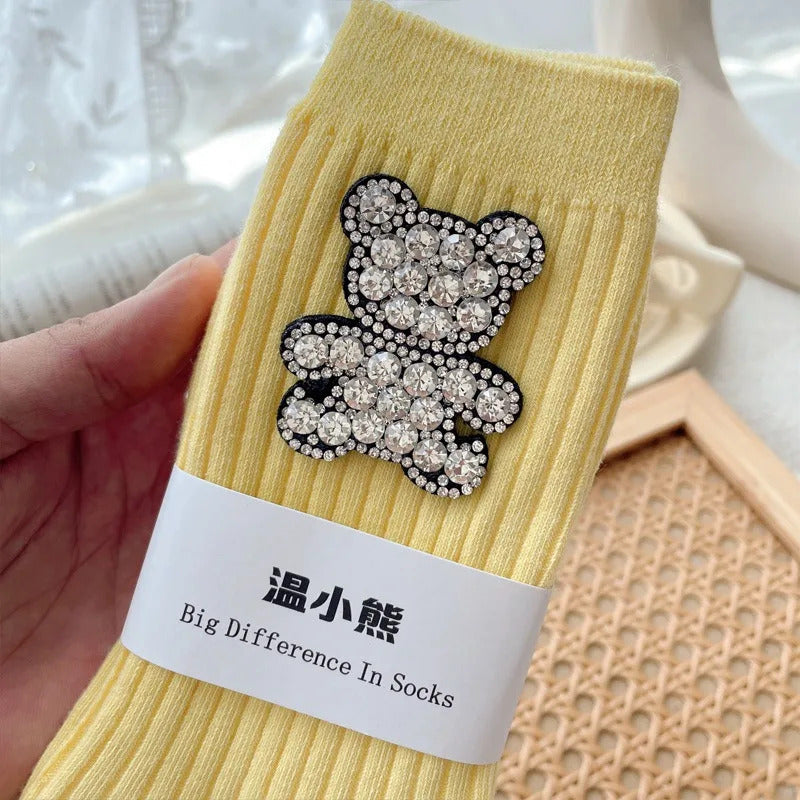 Diamond Cartoon Bear Decorative Socks, Fashionable Diamond Sparkling Women's Socks, Comfortable And Breathable Christmas Socks