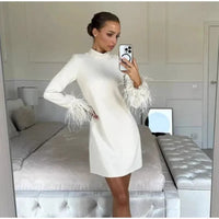 White Feather Party Short Dress Women Patchwork Long Sleeve Zipper Dresses Female 2024 Elegant Fashion Cocktail A-line Lady Robe