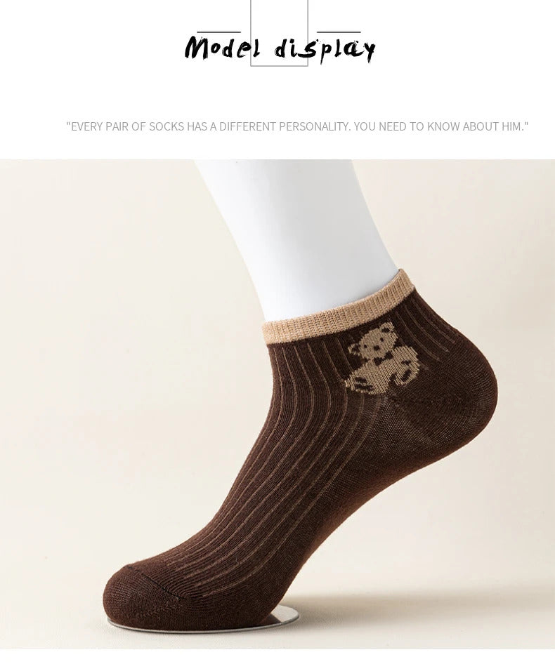 4/5/6/8 Pairs of Cute Teddy Bear Short Socks with Shallow Mouthed Spring and Summer Casual Matching Short Tube Boat Socks