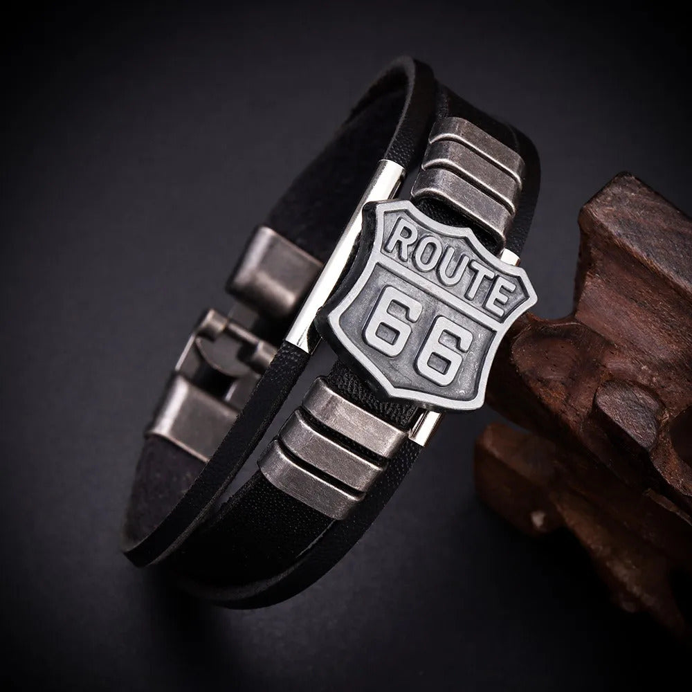 New Trendy American Route 66 Printed Pattern Bracelet Men's Bracelet Metal Multilayer Leather Bracelet Accessories Party Jewelry