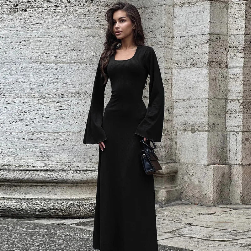 Long Flare Sleeved Maxi Floor-Length Dress Summer Solid Fashion Casual Office Lady Dresses for Women Slim Sexy Lace-up Vestidos