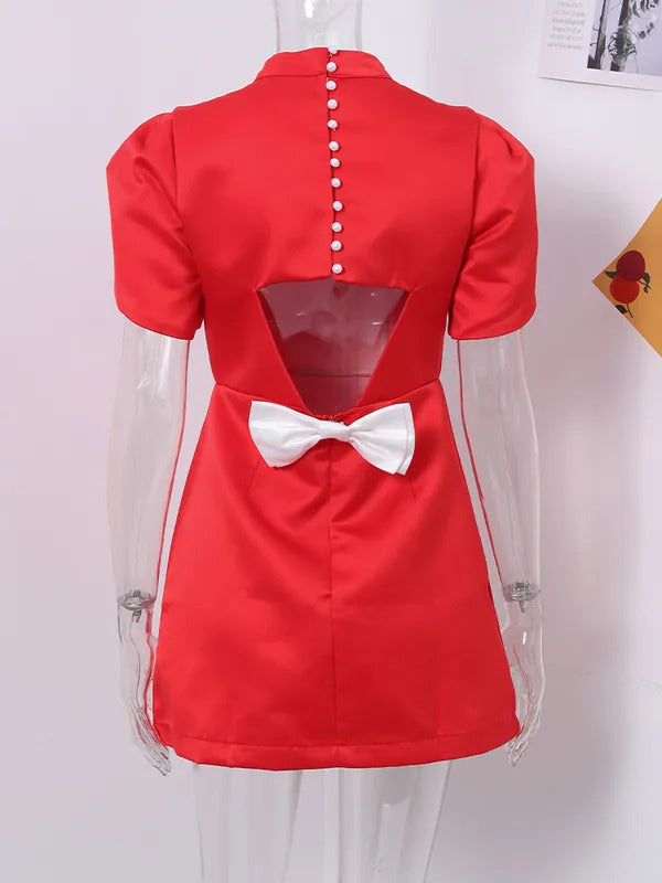 Elegant Bow Hallow Out Mini Dress Women Red O-neck Short Sleeve High Waist A-line Dresses Female 2024 Fashion Party Evening Robe