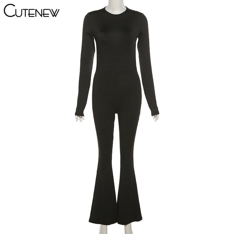 Cutenew Solid Black Sexy Backless Bodycon Wide Leg Jumpsuit Women Autumn Casual Slim Long Sleeve O-Neck Playsuit Lady Streetwear