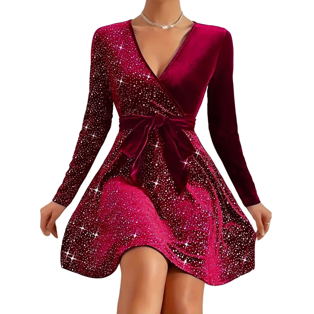 Women's Sexy V-Neck Sequin Glitter Belt Mini Dress Party Dresses Fashion Hot Sale Solid Elegant  Velvet Long Sleeve Dresses