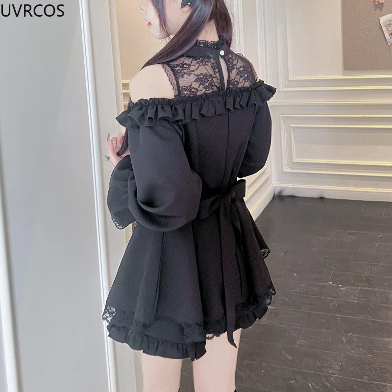 Japanese Gothic Style Rhinestone Bow Dress Shorts Set Women Lace Off Shoulder Long Sleeve Slim Shirts Dresses Lolita Y2k Outfits