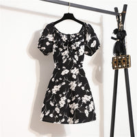 Women Mini Dresses Summer Fashion Female Vestidos Print Floral Chiffon Dresses Shirring Pleated Short Puffy Sleeve Casual Dress