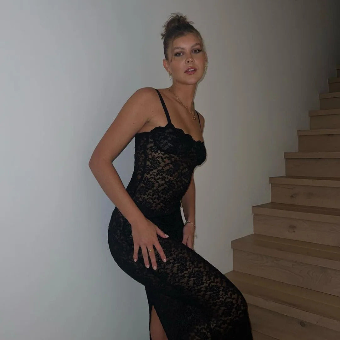 Elegant Lace See Through Maxi Dress Women Summer Sexy Spaghetti Straps Bodycon Wedding Party Dresses 2023 Black Split Long Dress