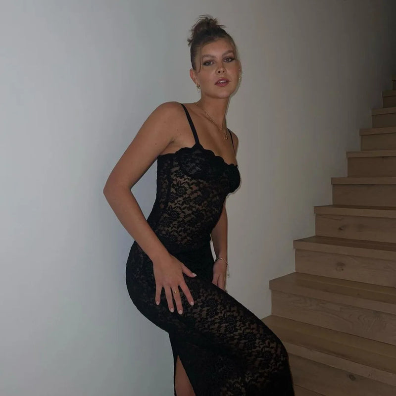 Elegant Lace See Through Maxi Dress Women Summer Sexy Spaghetti Straps Bodycon Wedding Party Dresses 2023 Black Split Long Dress