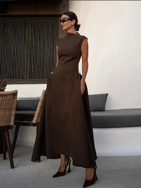 2024 Chic Solid Slanted Collar Pleated A-line Maxi Dress Women's Elegant Sleeveless High Waist Slim Dresses Female Evening Robes