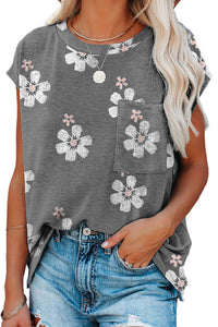 Gray Floral Cap Sleeve T-Shirt with Pocket