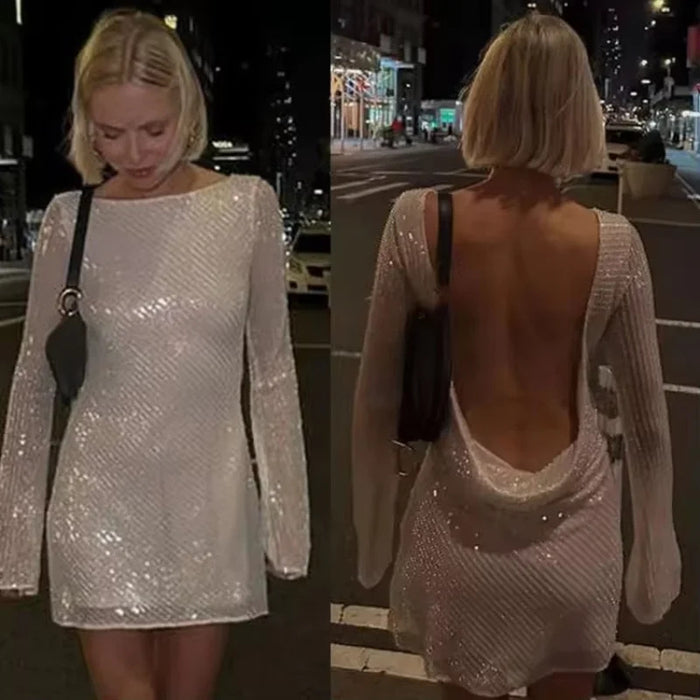 Female Sequin Backless Short Dress Sexy Long Flare Sleeve Sparkly Women Party Dresses 2024 New Lady Evening Beach Dress Vestidos