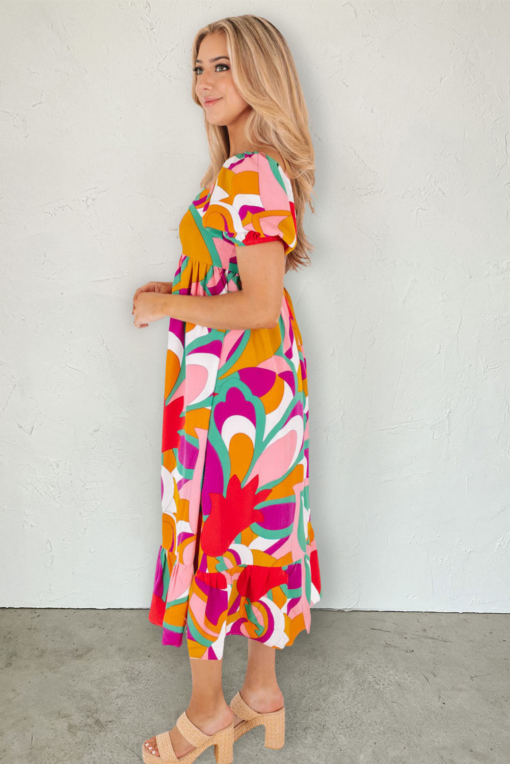 Abstract Print Square Neck Flowy Midi Dress