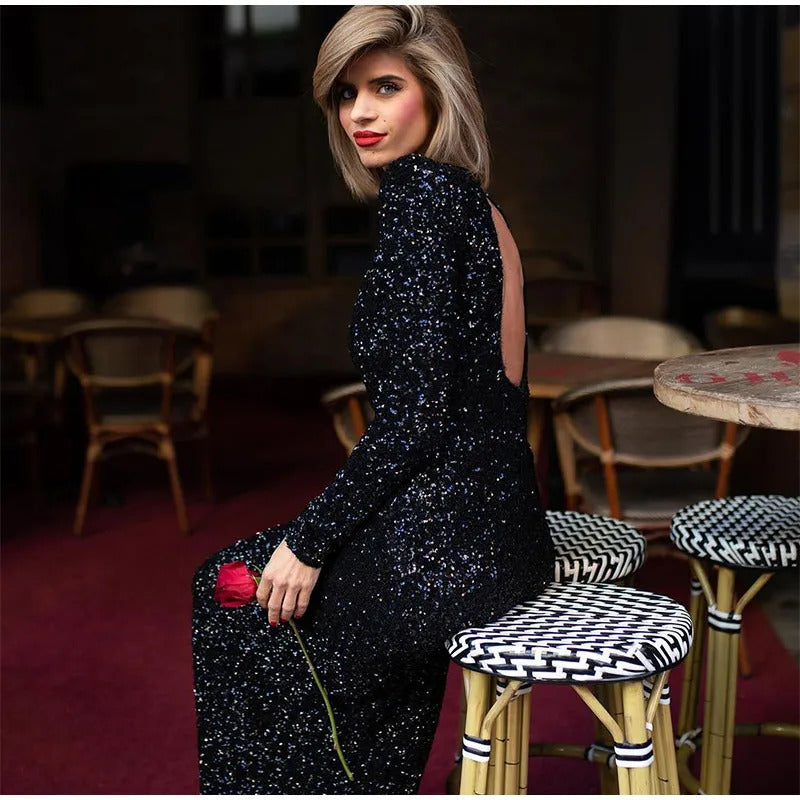 Chic Black Shiny Sequins Maxi Dress 2024 New Women O Neck Long Sleeve Party Gowns Female Autumn Elegant Evening Event Veatisos