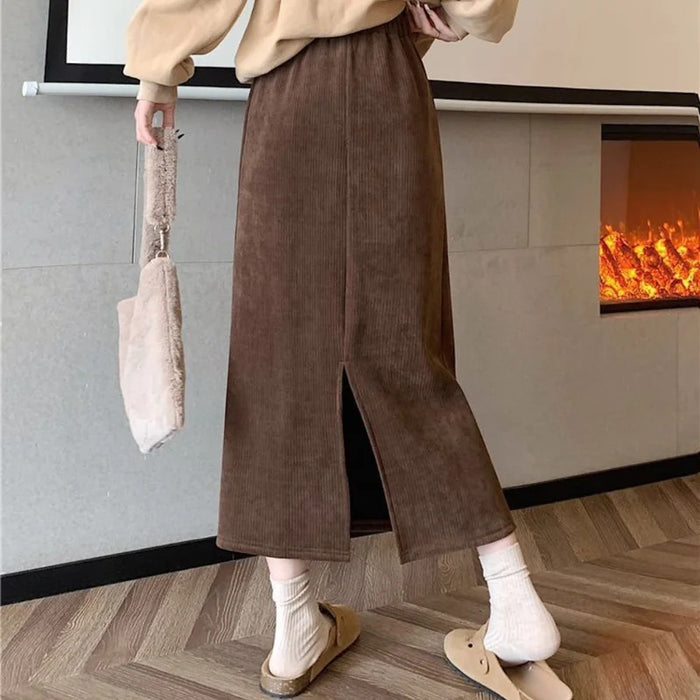 Vintage Elegant Office Lady's A-Line Skirt Back Slit Elastic Waist Thick Women's Skirt New In Winter Fleece Warm Female's Skirt