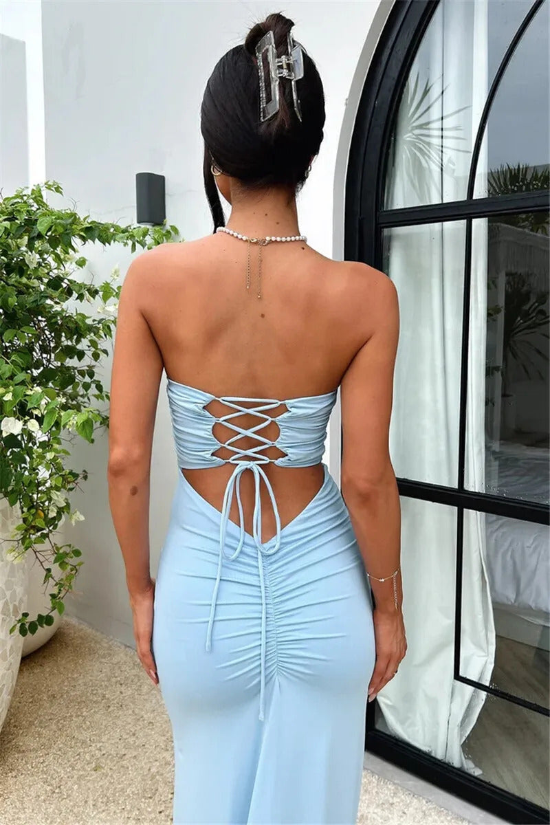 Mozision Strapless Backless Lace-up Maxi Dress For Women Summer New Off-shoulder Sleeveless Bodycon Club Party Long Dress