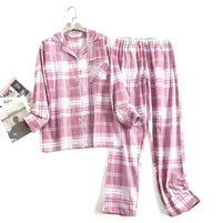 Cotton Flannel Women's Long Pants Pajamas Sets for Sleepwear Plaid Design Loose Autumn and Winter Long Sleeve Trouser Suits