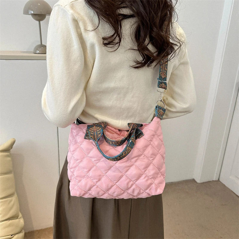 Women Wide Shoulder Belt Handbag Fall/Winter Rhombus Space Cotton Shoulder Bag Large Capacity All-Match Shopping Tote Bag