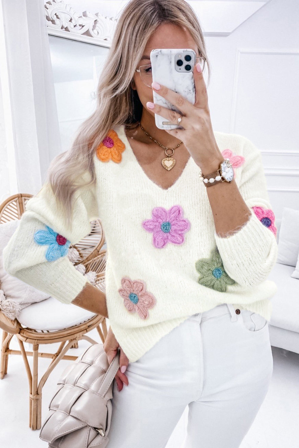 White Crochet Flower V Neck Sweater