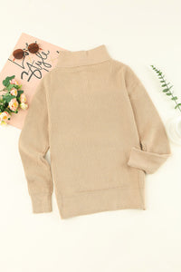 Khaki Buttoned Turn Down Collar Comfy Ribbed Sweater