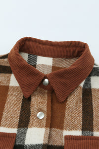 Brown Pocketed Buttoned Plaid Shirt Jacket