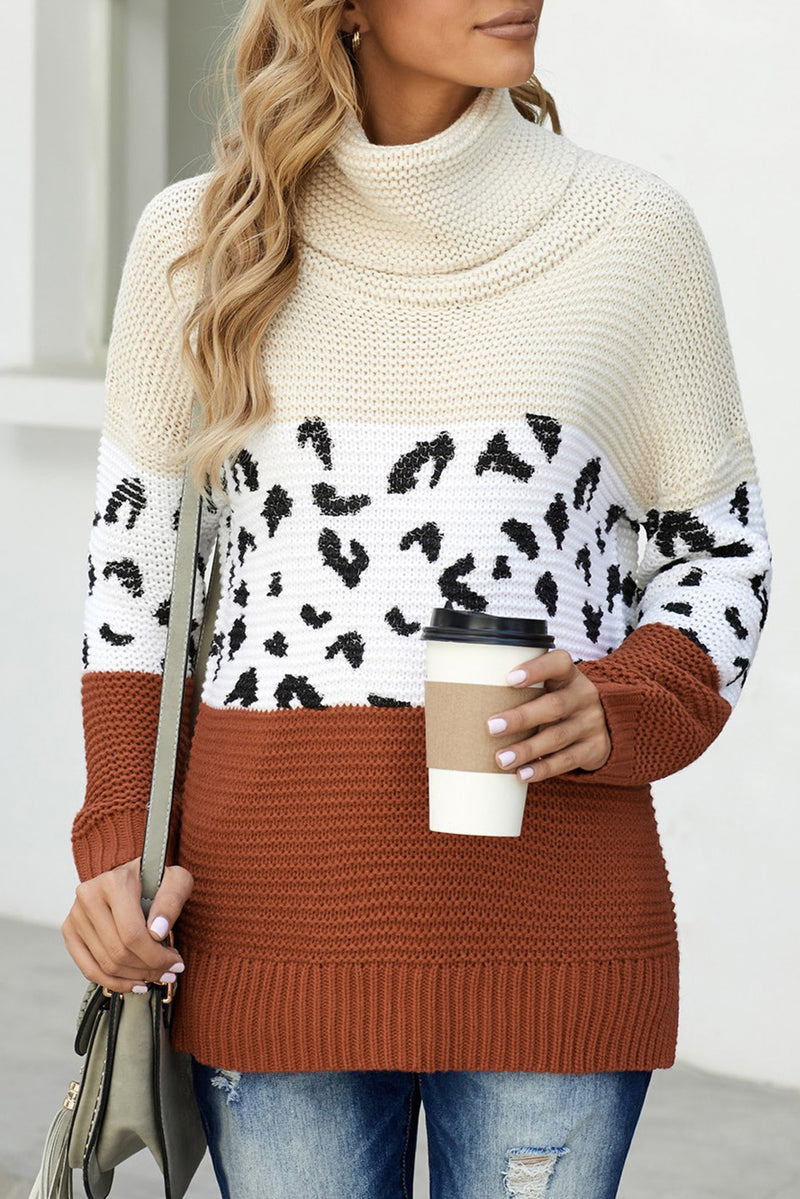 Apricot Turtleneck Splicing Chunky Knit Pullover Sweater